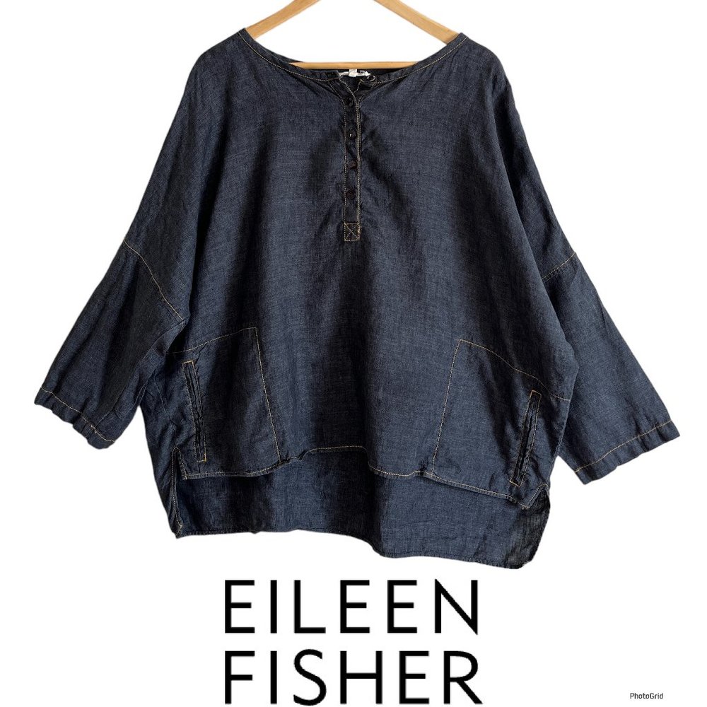 ❌ Eileen Fisher 100% Linen Top XL Blue Split Hem Navy Boxy Lagenlook